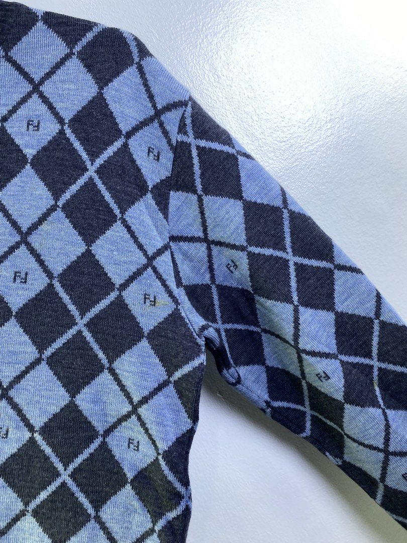Fendi Argyle Knit Sweater (Category: Longsleeves) located in Manila. Submitted by declutterpromax (Listing ID 1463606146, Image 3). Description: - Classic Fendi sweater - Argyle pattern with Fendi logo throughout - Colorway: Dark grey and light blue - Condition: Some small holes visible on the front - Ideal for Fendi collectors.