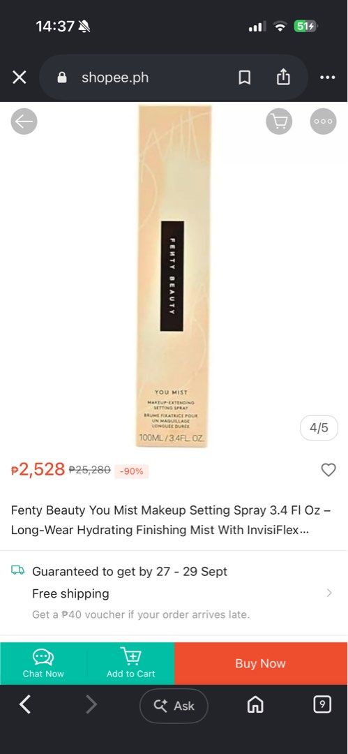 Fenty Beauty You Mist Makeup Setting Spray 100ml (Category: Makeup) located in Las Pinas. Submitted by antoniajosepha (Listing ID 1463616669, Image 2). Description: Fenty Beauty You Mist Makeup-extending setting spray Size: 100ml / 3.4 fl oz Expiration June 2027 Selling for Php 2,000 Market price Php 2,528 Condition: Never Used Rfs: Decluttering. Bought in Sephora Singapore Payment first policy (Gcash, BPI deposit) Shipping fee to be shouldered b
