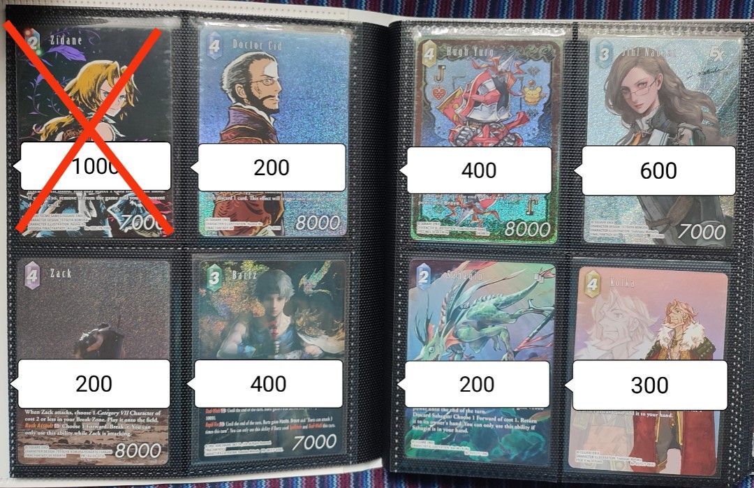 Final Fantasy TCG single cards (Category: Raw Singles) located in Paranaque City. Submitted by otakumeisters (Listing ID 1454774666, Image 2). Description: ❗Fixed price. Prices are on the pics. ❗Sold cards are marked X. ❗Minimum order of 300 php. ❗Auto block ang di marunong magbasa. ❗Payment: Gcash/ BPI ❗Delivery: Lalamove/ Lbc (Buyer's expense) ❗Location: Parañaque.