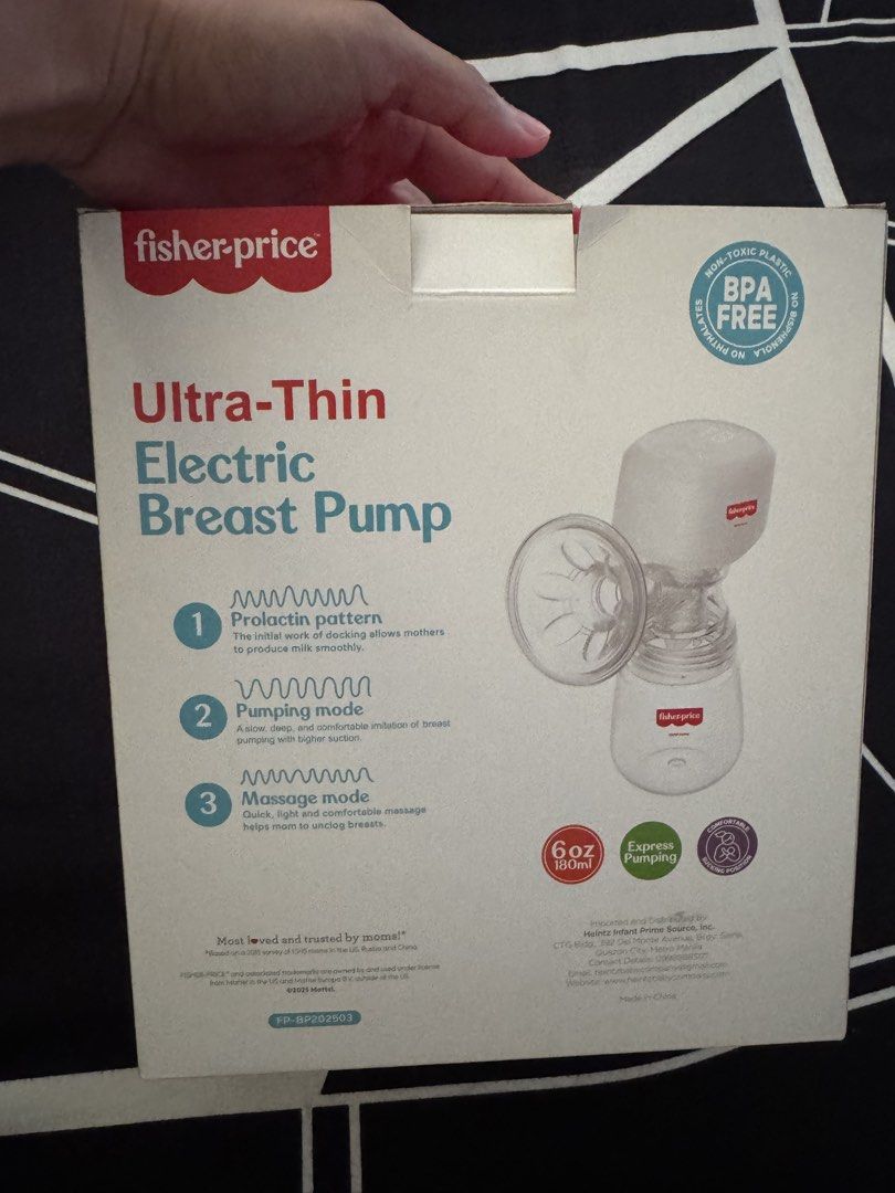Fisher-Price Ultra-Thin Electric Breast Pump (Category: Breastfeeding & Bottle Feeding) located in Rizal. Submitted by thrifty.mom (Listing ID 1463657492, Image 3). Description: - Fisher-Price Ultra-Thin Electric Breast Pump - Mimics baby's natural sucking motion - Features prolactin pattern, pumping, and massage modes - Made with BPA-free and non-toxic PP material - USB charging for convenience - 6oz (180ml) capacity - Includes warranty card and