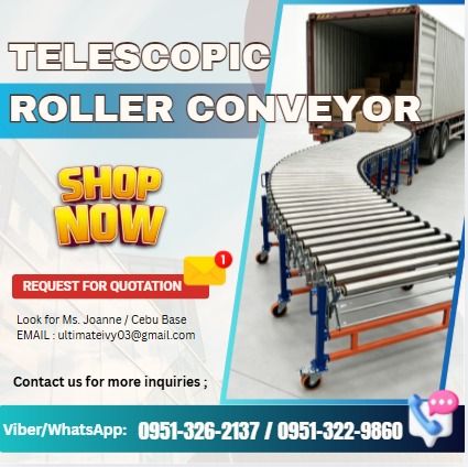 Flexible motorized Roller conveyor Wedge belt Flexible Roller Conveyor (Category: Industrial Equipment) located in Caloocan City. Submitted by clevertiger-b8cb (Listing ID 1463607639, Image 1). Description: Length:10m (10 meters when expanded closed length 3.8m), Width:600mm Height :67cm-100cm(Adjustable) Roller Material: stainless steel201 Roller diameter: 50mm, wall thickness 1.5mm Frame material: Galvanized carbon steel Legs Material: stainles