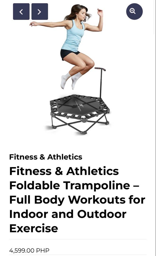 Foldable Trampoline for Full Body Workouts (Category: Cardio & Fitness Machines) located in Paranaque City. Submitted by juju_closet (Listing ID 1463681609, Image 3). Description: Condition: 10/10. Barely used this! - Can be used indoor or outdoor - Got this from Chris Sports. SRP is ₱4599 but only selling for ₱3000 RFS: Decluttering (need more space at home).