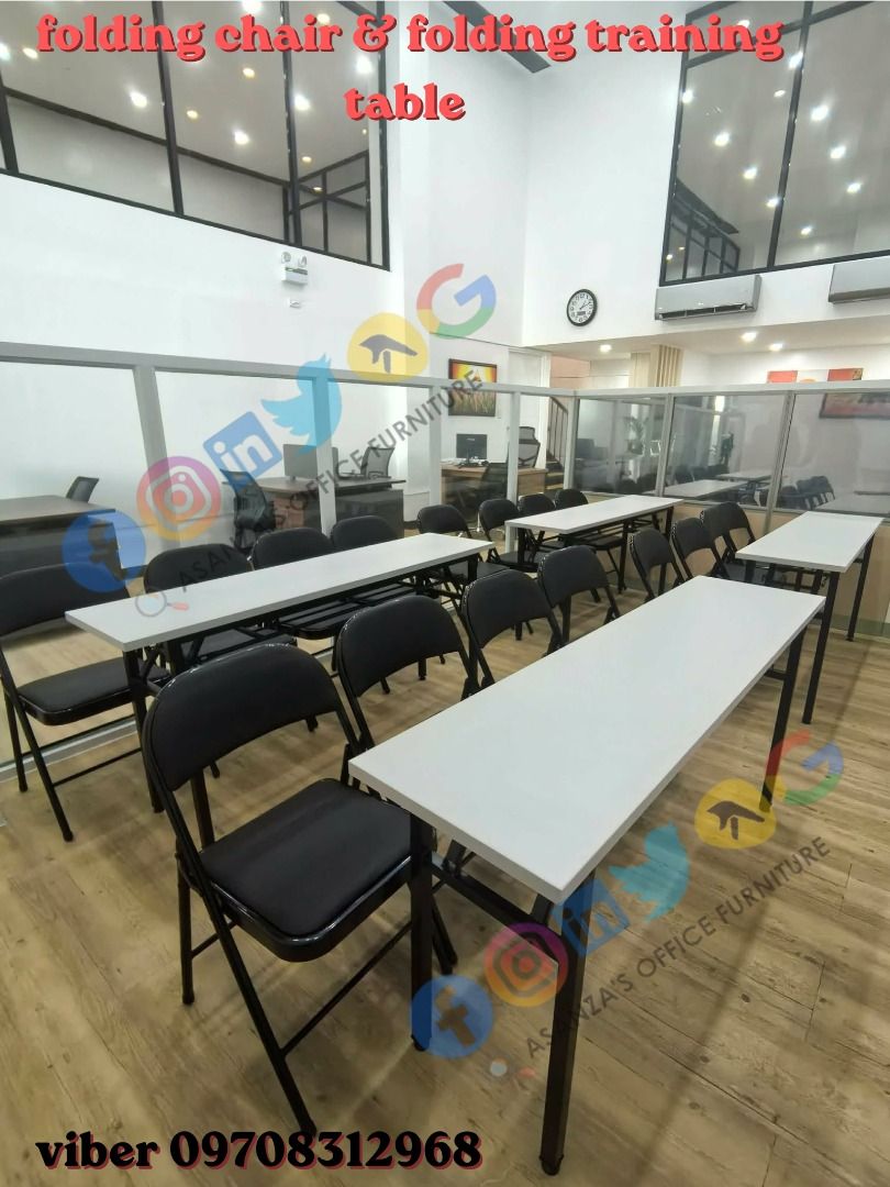 folding chair & folding table (Category: Tables & Sets) located in Quezon City. Submitted by asanzasmik45405 (Listing ID 1463609414, Image 3). Description: Folding Training Tables: These space-saving rectangular desks feature a clean white or light gray laminated worktop paired with a foldable black steel "H-style" tubular frame. Many variations include a practical integrated under-desk storage rack shelf for holding documents or personal belongi