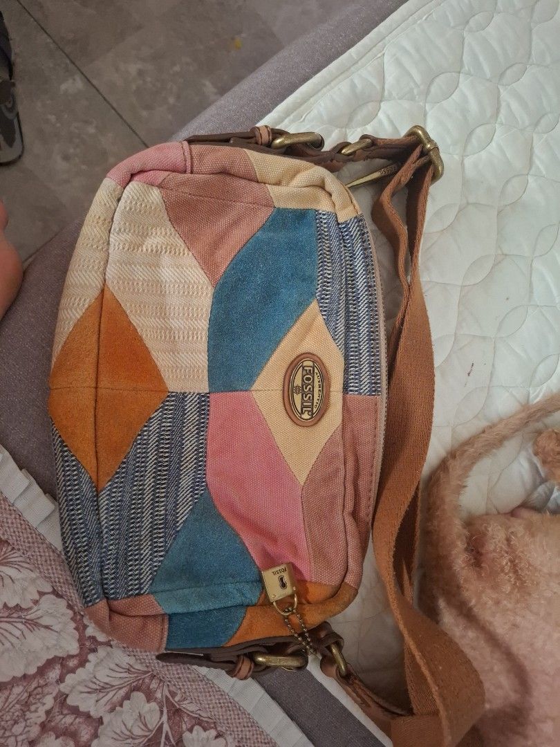 Fossil crossbody (Category: Cross-body Bags) located in Calamba. Submitted by bargain_huntress (Listing ID 1463618559, Image 1). Description: vintage fossil patchwork crossbody bag free ship mix of canvass, suede, denim material.