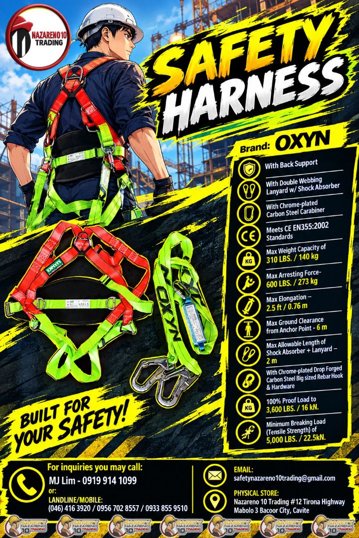 Full Body Harness (Category: Looking For) located in Bacoor. Submitted by zealmountain-375a (Listing ID 1463556405, Image 1). Description: With Back Support With Double Webbing Lanyard w/ Shock Absorber With Chrome-plated Carbon Steel Carabiner Meets CE EN355:2002 Standards Max Weight Capacity of 310 LBS. / 140 kg Max Arresting Force- 600 LBS. / 273 kg Max Elongation – 2.5 ft / 0.76 m Max Ground Clearance from Anchor Point - 6 m Max Allowable Len