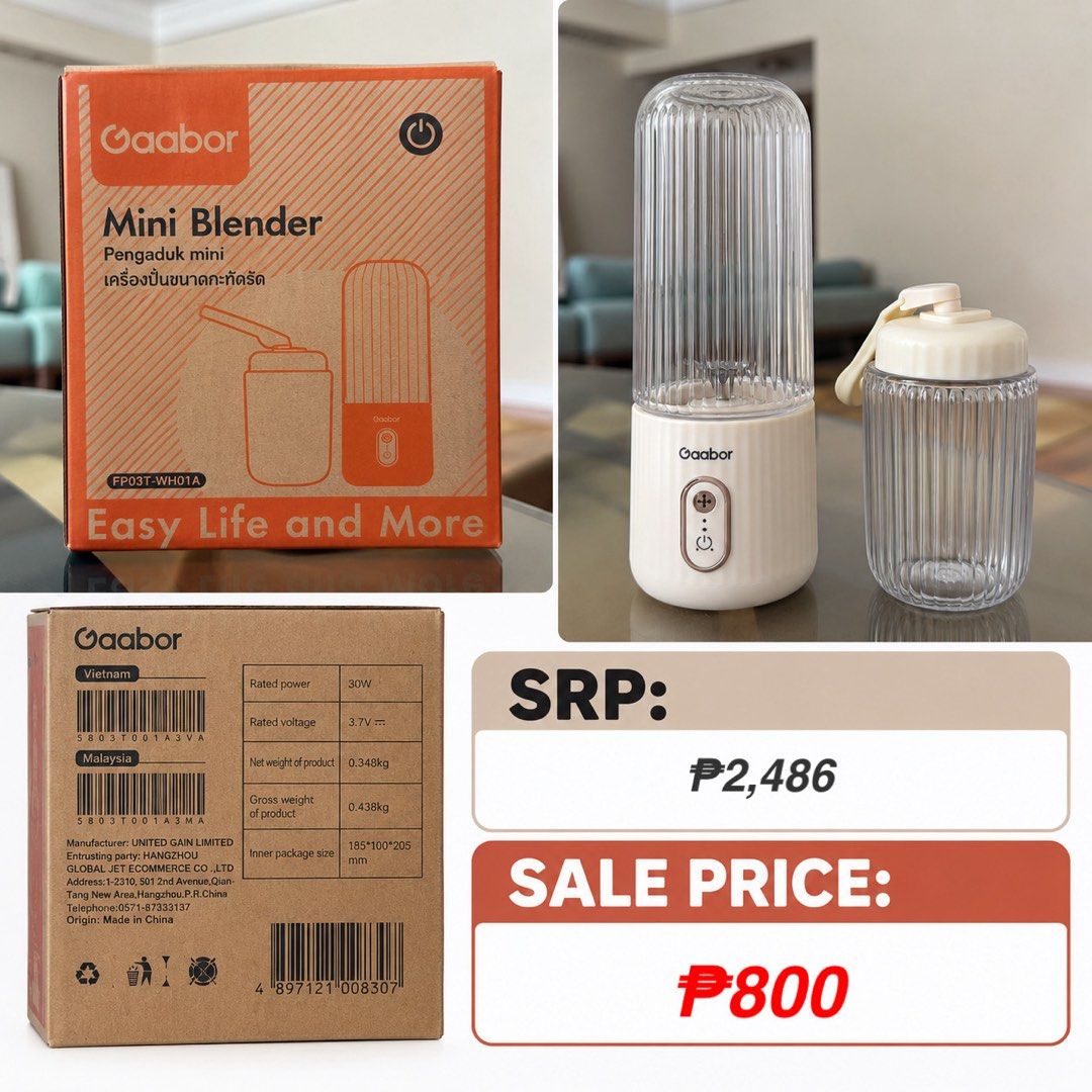 GAABOR PERSONAL BLENDER (Category: Juicers, Blenders & Grinders) located in Makati City. Submitted by TZ.Collections (Listing ID 1463591491, Image 1). Description: -BRAND-NEW -SLIGHTLY NEGOTIABLE -FREE SHIPPING WITHIN MAKATI.