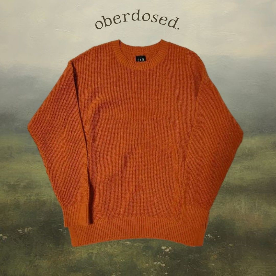 Gap Crewneck Sweater (Category: Coats, Jackets and Outerwear) located in Baguio. Submitted by oberdosed (Listing ID 1463613895, Image 1). Description: Orange Crewneck Knit Sweater ribbed collar and cuffs - XS on Tag, Actual fit for Medium (Men) - Oversized Fit.