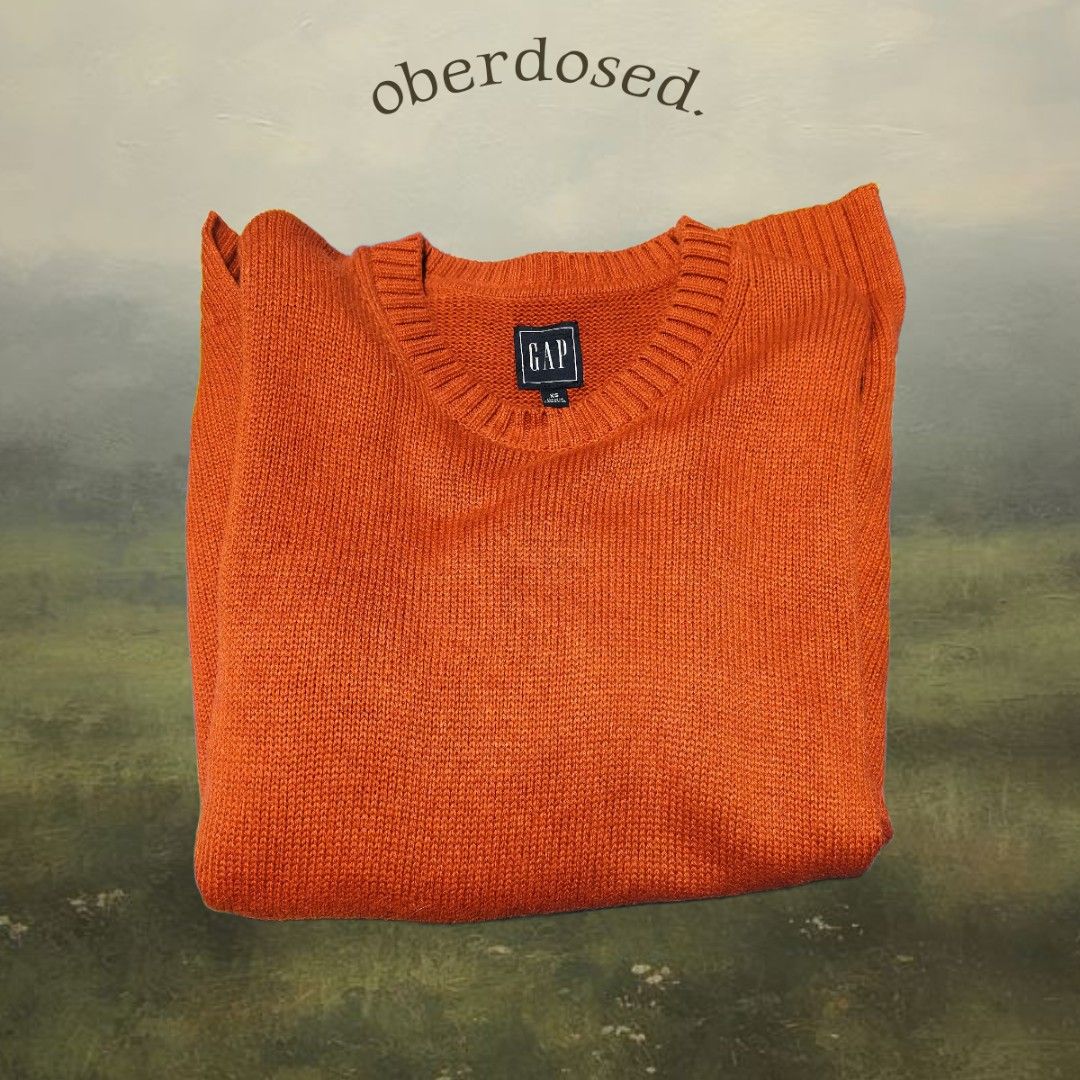 Gap Crewneck Sweater (Category: Coats, Jackets and Outerwear) located in Baguio. Submitted by oberdosed (Listing ID 1463613895, Image 2). Description: Orange Crewneck Knit Sweater ribbed collar and cuffs - XS on Tag, Actual fit for Medium (Men) - Oversized Fit.