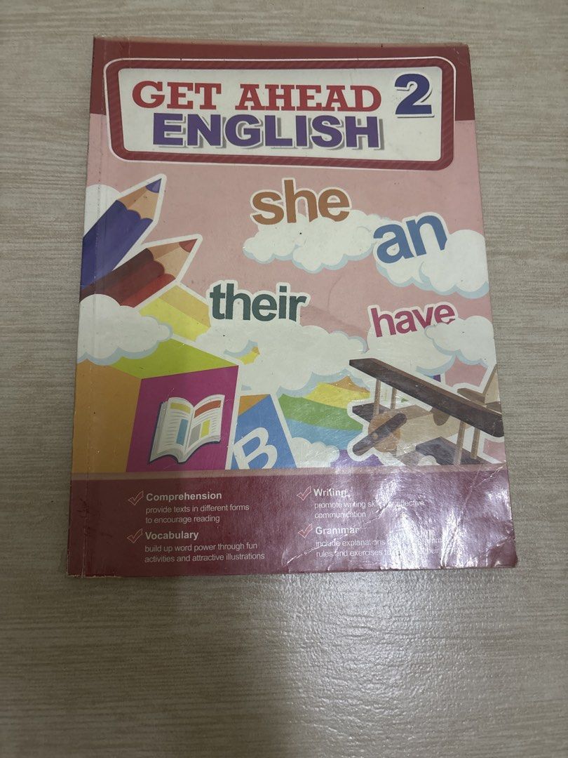 Get Ahead English 2 Workbook (Category: Textbooks) located in Makati City. Submitted by cee_store (Listing ID 1463684955, Image 1). Description: - Get Ahead English 2 Workbook - Covers comprehension, vocabulary, writing, and grammar - Includes explanations, rules, and exercises - Helps build word power and improve reading/communication skills - Features fun activities and illustrations.