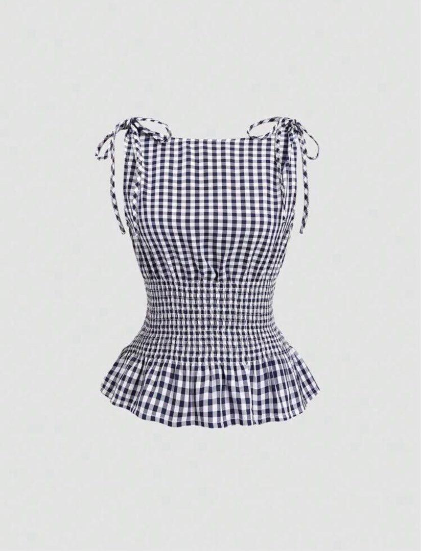 Gingham Smocked Peplum Top with Tie Straps (Category: Sleeveless) located in Manila. Submitted by jalayajayb99773 (Listing ID 1463605324, Image 1). Description: used twice SIZE M pm for details.