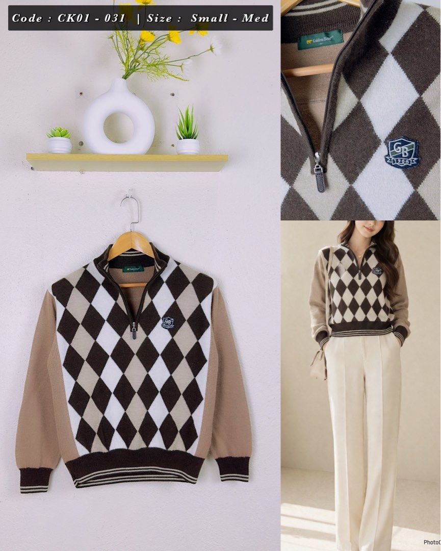 Golden Bear Argyle Quarter Zip Sweater (Category: Coats, Jackets and Outerwear) located in Manila. Submitted by jessarodri89631 (Listing ID 1463696483, Image 1). Description: - Classic argyle pattern sweater - Quarter zip neckline - Colorblock design: brown, beige, and white diamonds - Ribbed cuffs and hem - Tag size: Small-Medium - Ideal for casual or preppy outfits.