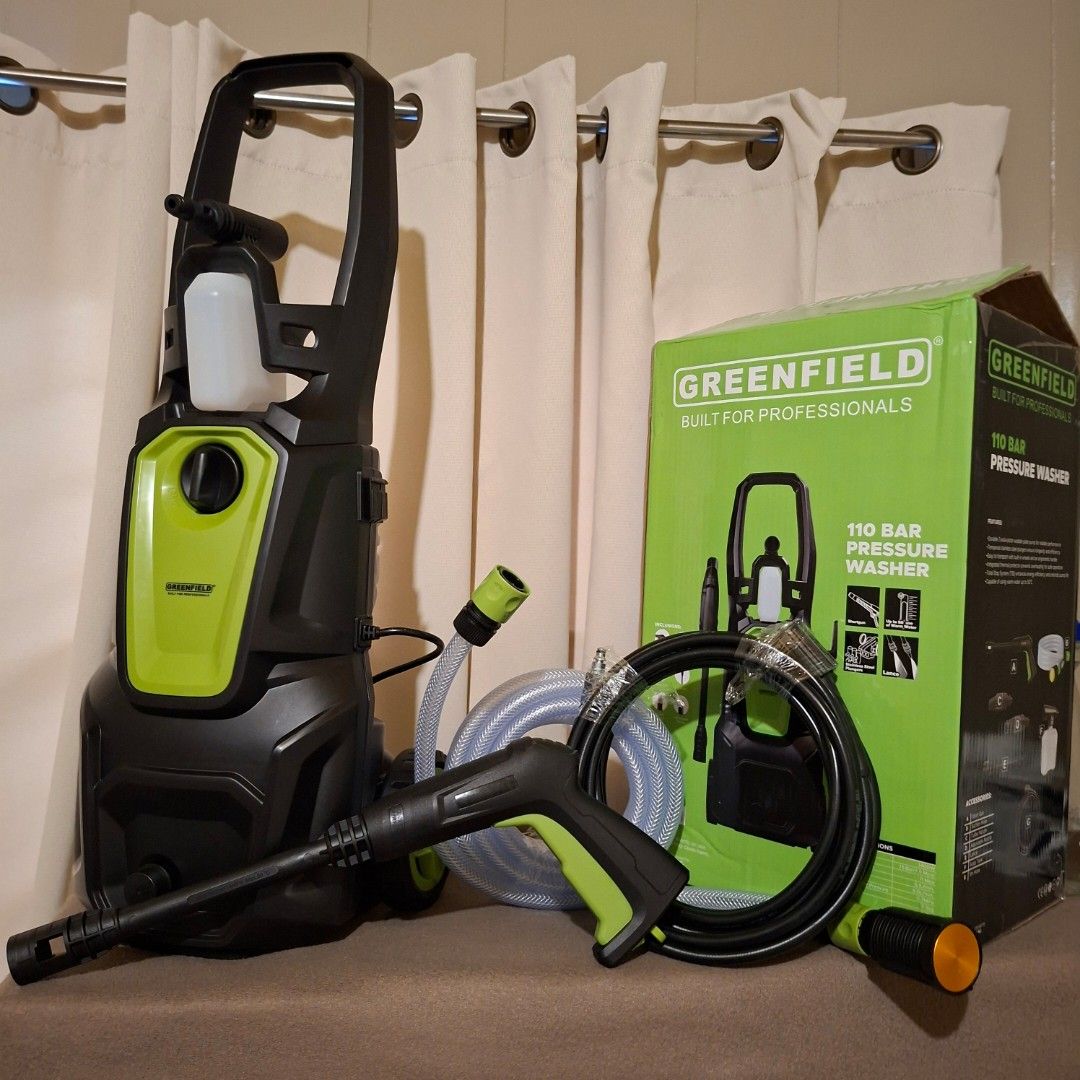 Greenfield 110 Bar Pressure Washer (Category: Cleaning Tools & Supplies) located in Pasig City. Submitted by mr.bargaindeal (Listing ID 1463561657, Image 3). Description: - Greenfield Pressure Washer - 110 Bar Pressure - Professional Grade - Includes Hose and Spray Gun - Ideal for Cars, Patios, and Tough Jobs - Box Included.