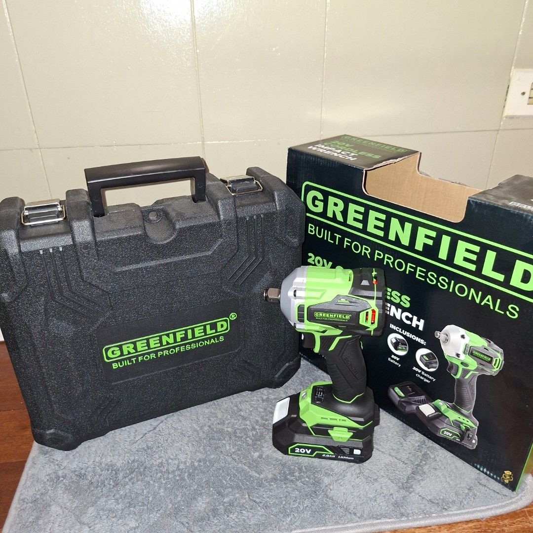 Greenfield 20V Cordless Impact Wrench with Case (Category: Construction Tools & Equipment) located in Pasig City. Submitted by mr.bargaindeal (Listing ID 1463561585, Image 2). Description: - Greenfield 20V Cordless Impact Wrench - Brushless Motor Technology - Includes: 20V Battery, Carrying Case, Original Box - Ideal for DIYers and Professionals - Ready for Pickup.