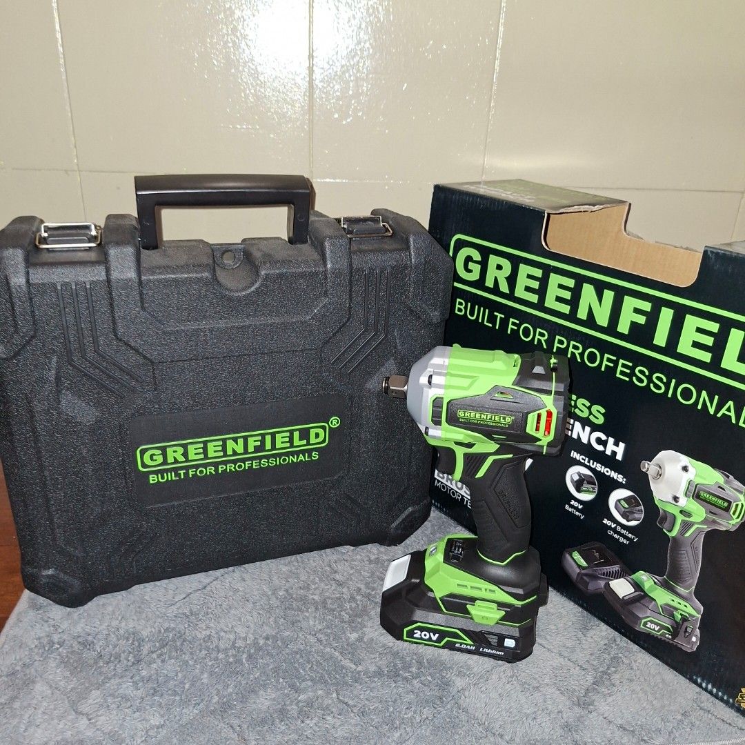 Greenfield 20V Cordless Impact Wrench with Case (Category: Construction Tools & Equipment) located in Pasig City. Submitted by mr.bargaindeal (Listing ID 1463561585, Image 1). Description: - Greenfield 20V Cordless Impact Wrench - Brushless Motor Technology - Includes: 20V Battery, Carrying Case, Original Box - Ideal for DIYers and Professionals - Ready for Pickup.