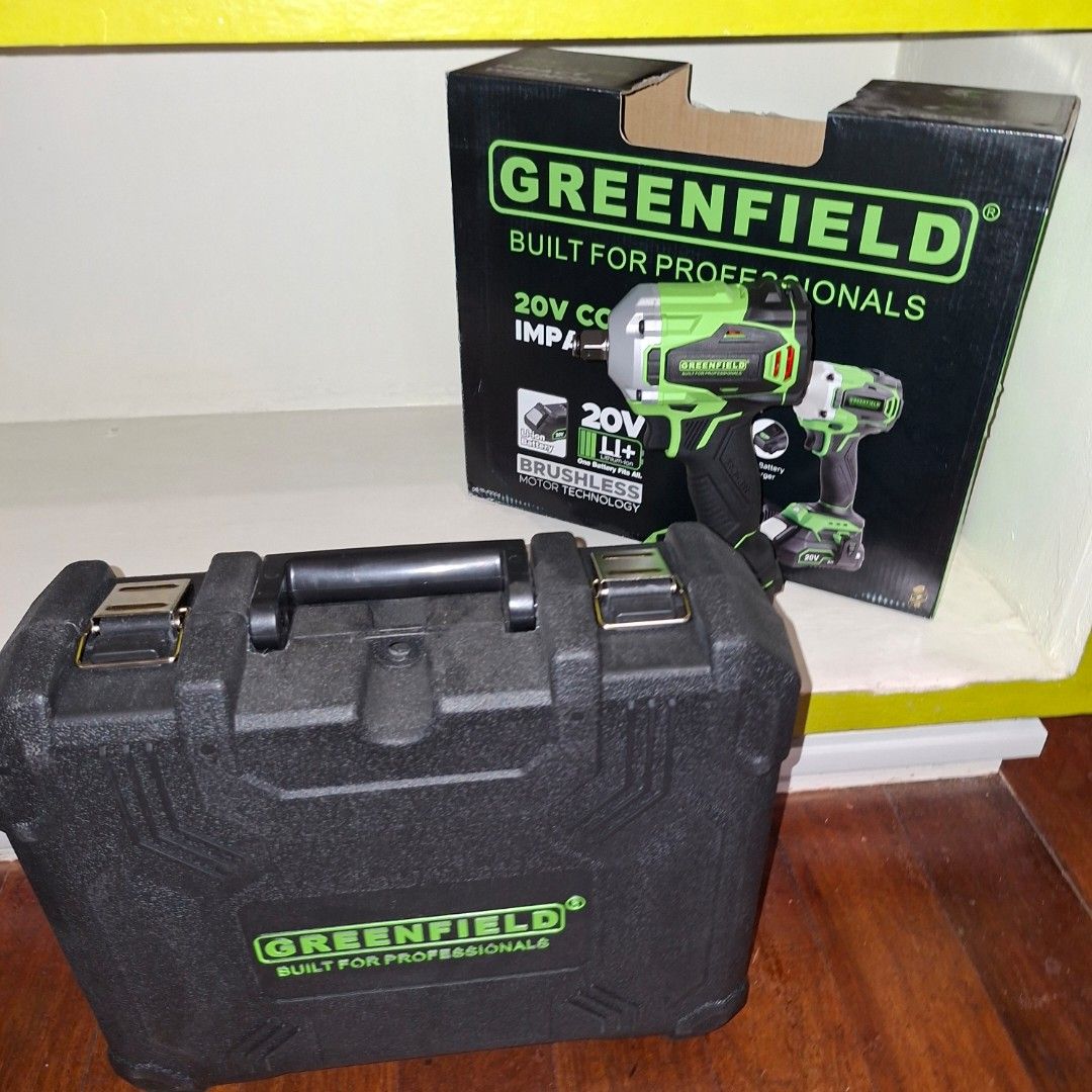 Greenfield 20V Cordless Impact Wrench with Case (Category: Construction Tools & Equipment) located in Pasig City. Submitted by mr.bargaindeal (Listing ID 1463561585, Image 3). Description: - Greenfield 20V Cordless Impact Wrench - Brushless Motor Technology - Includes: 20V Battery, Carrying Case, Original Box - Ideal for DIYers and Professionals - Ready for Pickup.