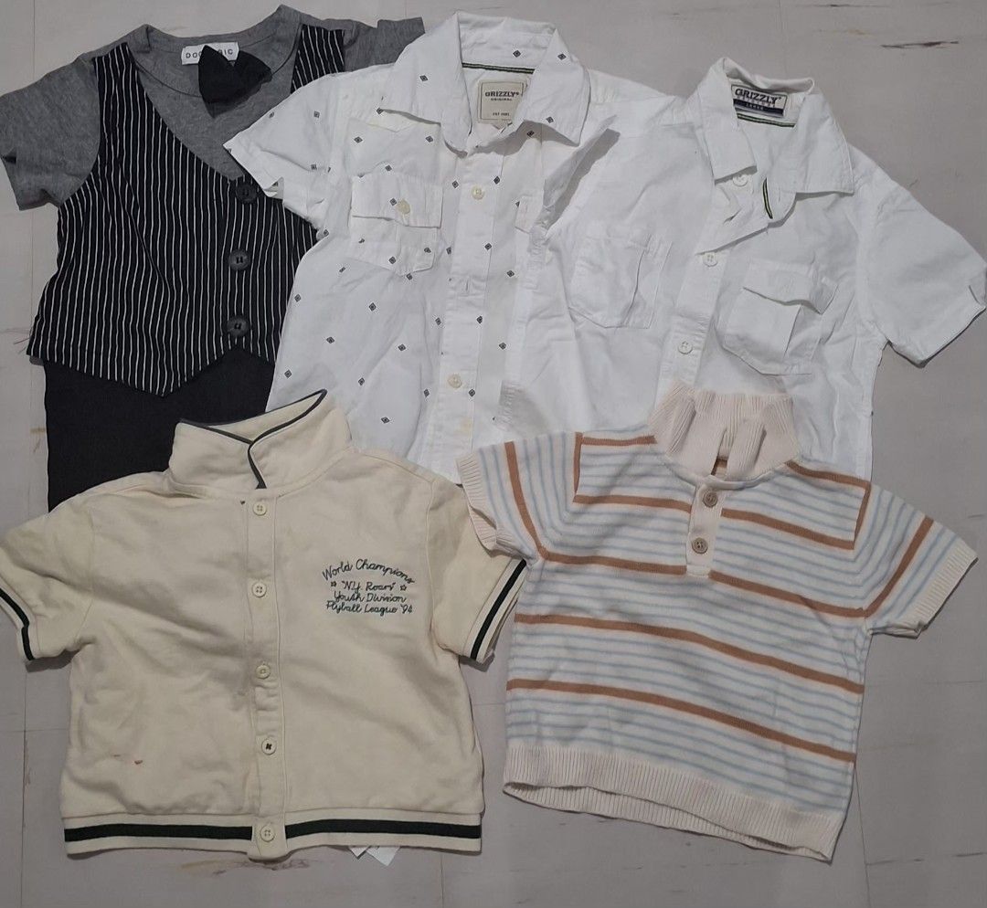 Gingersnaps & Other Boys' Tops - Various Sizes (Category: Babies & Kids Fashion) located in Valenzuela. Submitted by blueygoody (Listing ID 1463619064, Image 1). Description: Bundle of boys' tops. Includes a formal vest and shirt set, two short-sleeved button-up shirts (one with a subtle diamond pattern), a cream-colored baseball-style shirt with embroidery, and a striped knit polo shirt. Great for casual wear or dressing up..