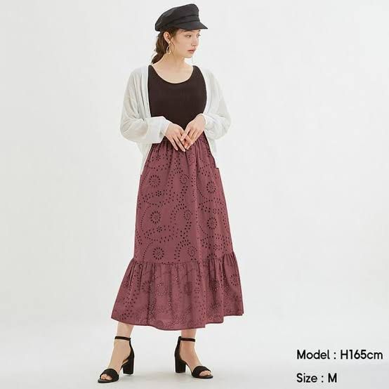GU Cotton Embroidered Eyelet Maxi Skirt (Category: Skirts) located in Quezon City. Submitted by luisaaaaaa (Listing ID 1463679998, Image 2). Description: Color: Dusty Rose Size: Medium (Fits S-M frames) Condition: Like New — used only once Reason for selling: Too many skirts / decluttering Price: 500 (slightly negotiable) - Comfortable elastic waistband - Flowy ruffled hemline.