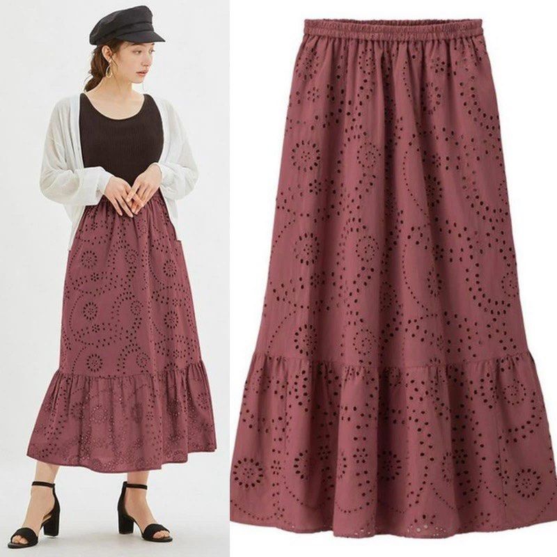 GU Cotton Embroidered Eyelet Maxi Skirt (Category: Skirts) located in Quezon City. Submitted by luisaaaaaa (Listing ID 1463679998, Image 1). Description: Color: Dusty Rose Size: Medium (Fits S-M frames) Condition: Like New — used only once Reason for selling: Too many skirts / decluttering Price: 500 (slightly negotiable) - Comfortable elastic waistband - Flowy ruffled hemline.