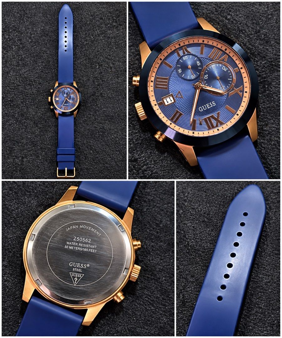 Guess Blue & Rose Gold Chronograph Watch (Category: Men's Watches) located in Rizal. Submitted by monstermac57639 (Listing ID 1463582150, Image 2). Description: - Stunning blue dial with elegant rose gold accents. - Functional date window and chronograph sub-dials. - Comfortable and vibrant bright blue silicone strap. - Secure rose gold buckle. - Versatile design, ideal for both casual and formal wear..