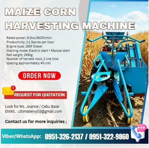 Hand Push Compact Single Row Maize Corn Harvesting Machine (Category: Gardening Tools & Ornaments) located in Caloocan City. Submitted by clevertiger-b8cb (Listing ID 1463605137, Image 1). Description: Rated power; 9.2kw/3600r/min Productivity; 1-1.5acres per hour Engine type; 195F Diesel Starting mode; Electric start + Manual start Net weight; 249kg Number of harvest rows; 1 line (line spacing approximately 40 cm) Terms Of Payment 💰50% Down pay