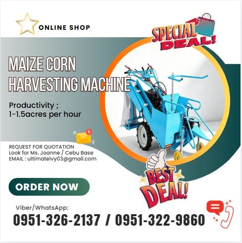 Hand Push Compact Single Row Maize Corn Harvesting Machine (Category: Gardening Tools & Ornaments) located in Caloocan City. Submitted by casesarian62993 (Listing ID 1463606076, Image 1). Description: Rated power; 9.2kw/3600r/min Productivity; 1-1.5acres per hour Engine type; 195F Diesel Starting mode; Electric start + Manual start Net weight; 249kg Number of harvest rows; 1 line (line spacing approximately 40 cm) Terms Of Payment 💰50% Down paym