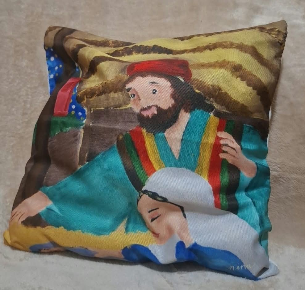 Hand-painted Religious Scene Cushion (Category: Cushions & Throws) located in Quezon City. Submitted by m_decluttering_sale (Listing ID 1463667618, Image 1). Description: Pre-owned Cushion Cover – 1 pc Size: 40 × 40 cm Color: Multicolor Design: Biblical / Nativity-style illustration Condition: Good pre-owned condition Cover only — pillow insert not included Price: ₱80.
