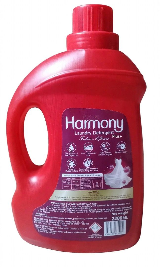 Harmony Laundry Detergent Fabric Softener 2200ML Plus (Category: Detergents) located in Manila. Submitted by journnierph (Listing ID 1463620552, Image 2). Description: 🧺 Harmony Laundry Detergent + Fabric Softener Plus+ 2200ML - ₱330 ONLY! ✨ Details: - Net Weight: 2200ML (1800ML + 400ML FREE!) - 5in1: Detergent + Fabric Softener + Fragrance + Anti-bacterial + 99% Better Effect - Scent: Luxury Perfume Fragrance - long lasting bango up to 1 week! 
