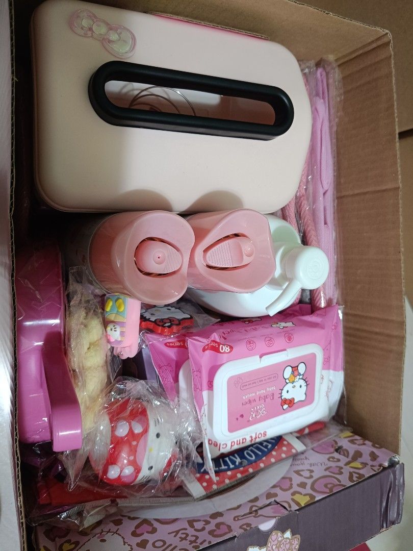 Hello Kitty Bundle: Clock, Tumbler, Dustpan Set & More! (Category: Character Goods) located in Imus. Submitted by mrpp03 (Listing ID 1463707444, Image 1). Description: - Adorable pink Kitty bundle! - Includes: 10" wall clock (quiet sweep), 400ml tumbler with handle, soft doormat, dustpan & brush set, tissue box cover, and baby wipes. - All items feature cute Hello Kitty designs. - Perfect gift for any Hello Kitty enthusiast! PLEASE SEE LAST PICTU