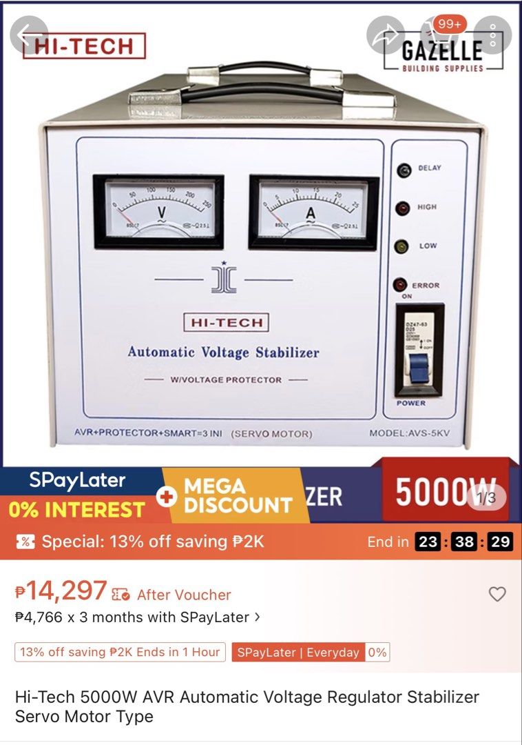 Hi Tech 5000 AVR (Category: Other Home Appliances) located in Muntinlupa City. Submitted by olkopi (Listing ID 1463711809, Image 3). Description: Hi Tech Automatic Voltage Regulator 5KVA AVR In very good condition Heavy duty and durable Servo type Bought it for 14,000 Selling for 10,000 Good for coffee machine, heavy duty appliances, ice cream maker etc., Location: Putatan, Muntinlupa.
