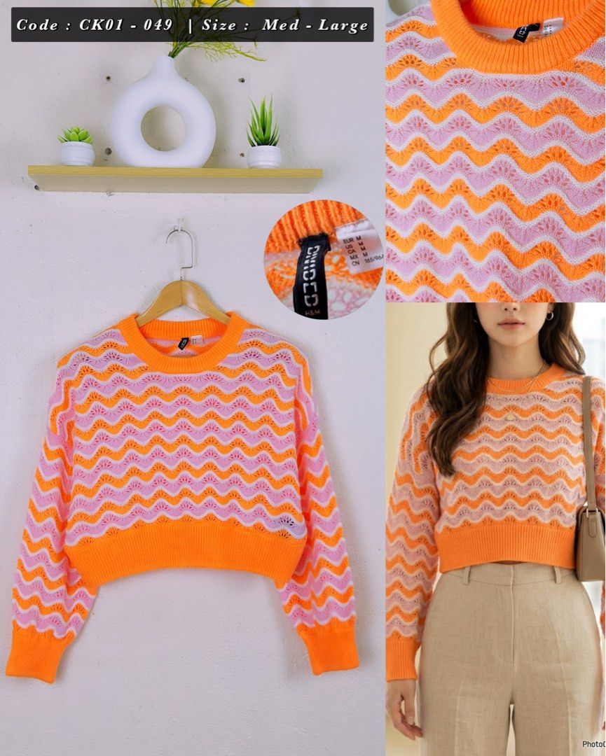 H&M Cropped Zigzag Knit Sweater - Orange Pink (Category: Longsleeves) located in Manila. Submitted by jessarodri89631 (Listing ID 1463696647, Image 1). Description: - Cute cropped sweater from H&M - Features a fun orange and pink zigzag pattern - Long sleeves with ribbed hem and cuffs - Perfect for a stylish, casual look.