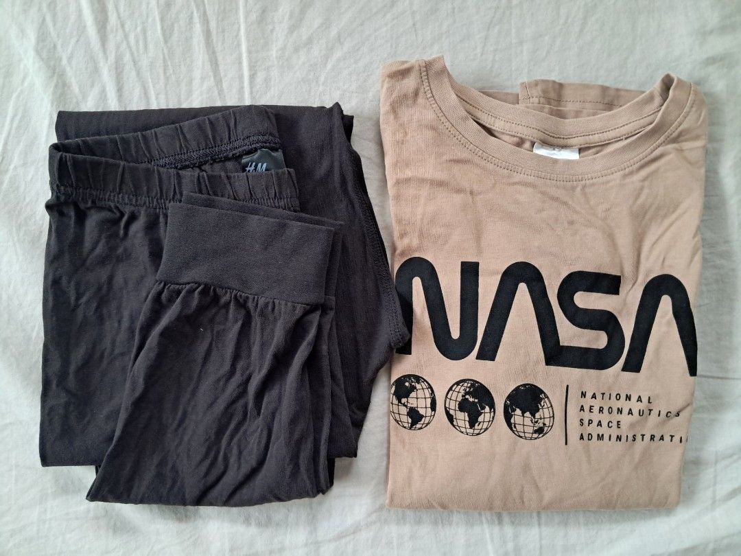 H&M Pajama Set (Category: Babies & Kids Fashion) located in Valenzuela. Submitted by famsbest (Listing ID 1463685262, Image 1). Description: - Beige H&M long sleeve t-shirt with NASA graphic print - Black joggers appear to be brownish but just the camera shot. It's all black in person. - T-shirt size: 10-12 Years - Pants size: Suitable for similar age range - Loungewear.