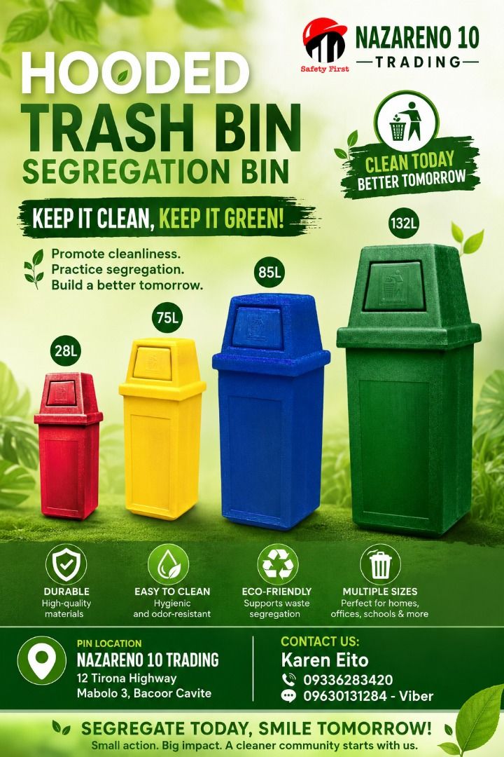 HOODED TRASH BIN (Category: Looking For) located in Bacoor. Submitted by kajezame.2021 (Listing ID 1463599918, Image 1). Description: HOODED TRASH BIN 132L /85L /75L / 28L For More Details and Discount Contact Ms. Karen NAZARENO 10 TRADING 0963 0131 284 0933 6283 420 0956 7028 557 0933 8559 510 Landline: Look for Ms. Karen (046 ) 416 3920 Also available: • Traffic cone • Parking Block stopper • Hooded trash bin • Road Plastic Barrier • Spill boom