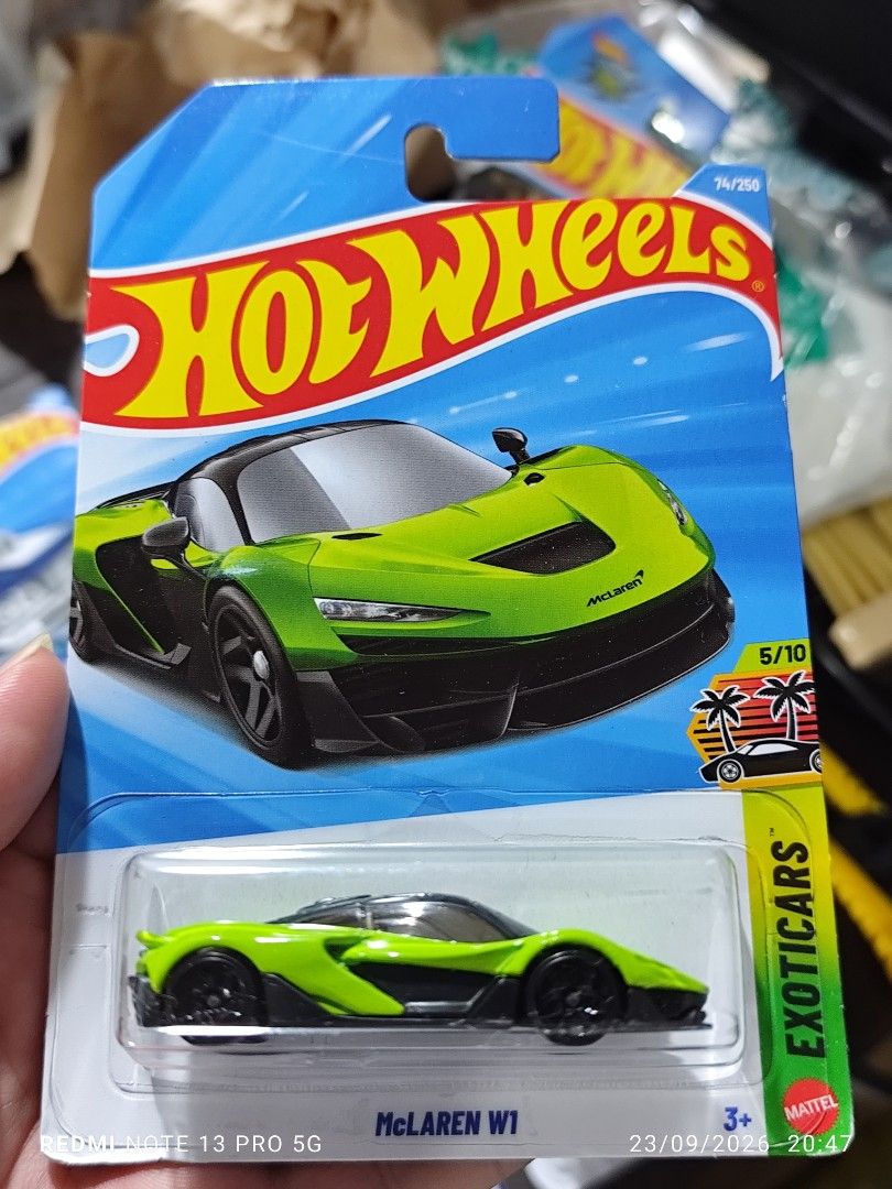 Hot Wheels McLaren W1 Exotics 74/250 (Category: Vehicle & Diecast Models) located in Las Pinas. Submitted by diazenstore (Listing ID 1463705559, Image 1). Description: - Hot Wheels McLaren W1 - From the Exotics Series (74/250) - Striking bright green color with black accents - Brand new, sealed in original packaging - Ideal for Hot Wheels collectors or for playtime fun.