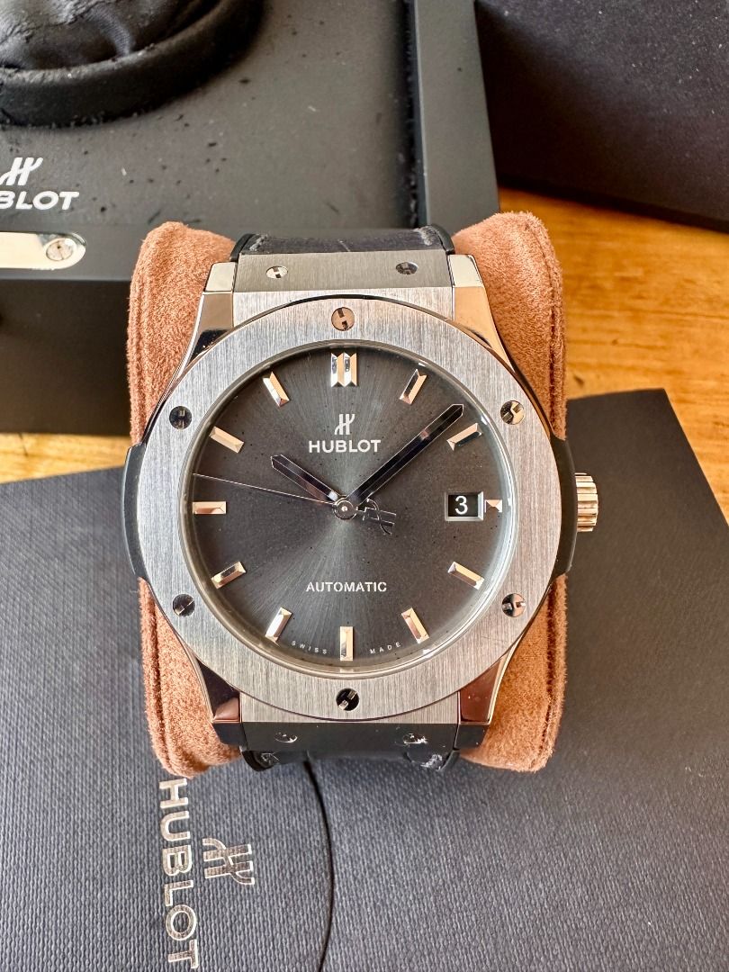 Hublot Classic Fusion Racing Grey Titanium (Category: Luxury Watches) located in Manila. Submitted by ksssvv (Listing ID 1463658817, Image 2). Description: Hublot Classic Fusion Racing Grey Titanium 45MM Grey Dial Titanium 9/10 Excellent condition with very light hairline scratches on the case and clasp .with unnoticeable micro black dots on the dial. Complete with Box, Manual , Receipt With Free AM rubber strap With Verification and authenticati