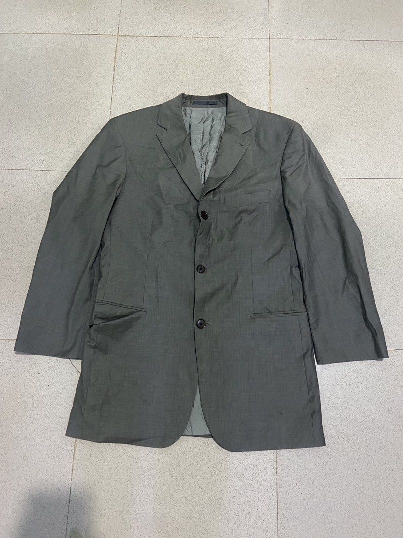 HUGO BOSS FINEST QUALITY BLAZER (Category: Coats, Jackets and Outerwear) located in Bulacan. Submitted by rrthrifts (Listing ID 1463654433, Image 1). Description: Hugo Boss grey wool three-button suit jacket / blazer. It features standard notched lapels, a single-breasted front with a classic three-button closure, flap waist pockets, and a clean structured drape typical of the brand’s tailoring lines..