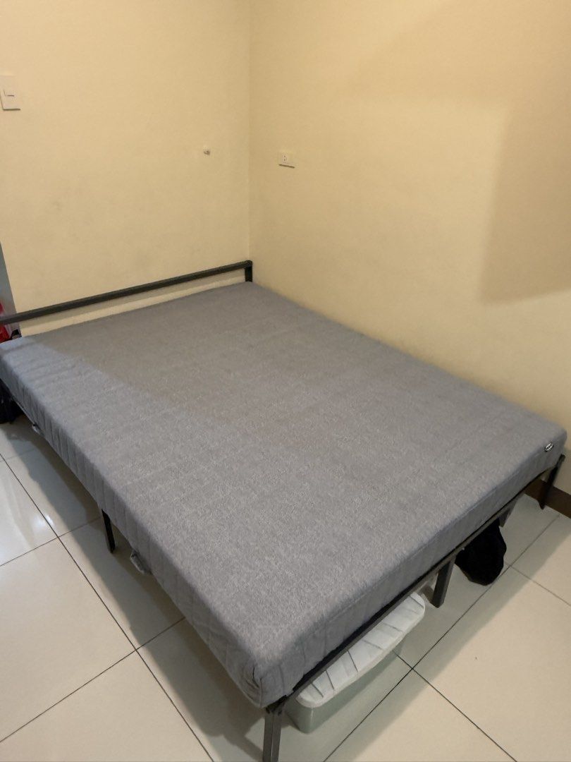 IKEA Queen size bed frame plus mattress (almost unused) (Category: Bed Frames & Mattresses) located in Paranaque City. Submitted by nipashut (Listing ID 1463693015, Image 1). Description: Valevag and grimsbuu (ikea) Not living in my condo unit. Almost not used. RFS: will switch to smaller bed. Please pick up in paranaque, price negotiable.