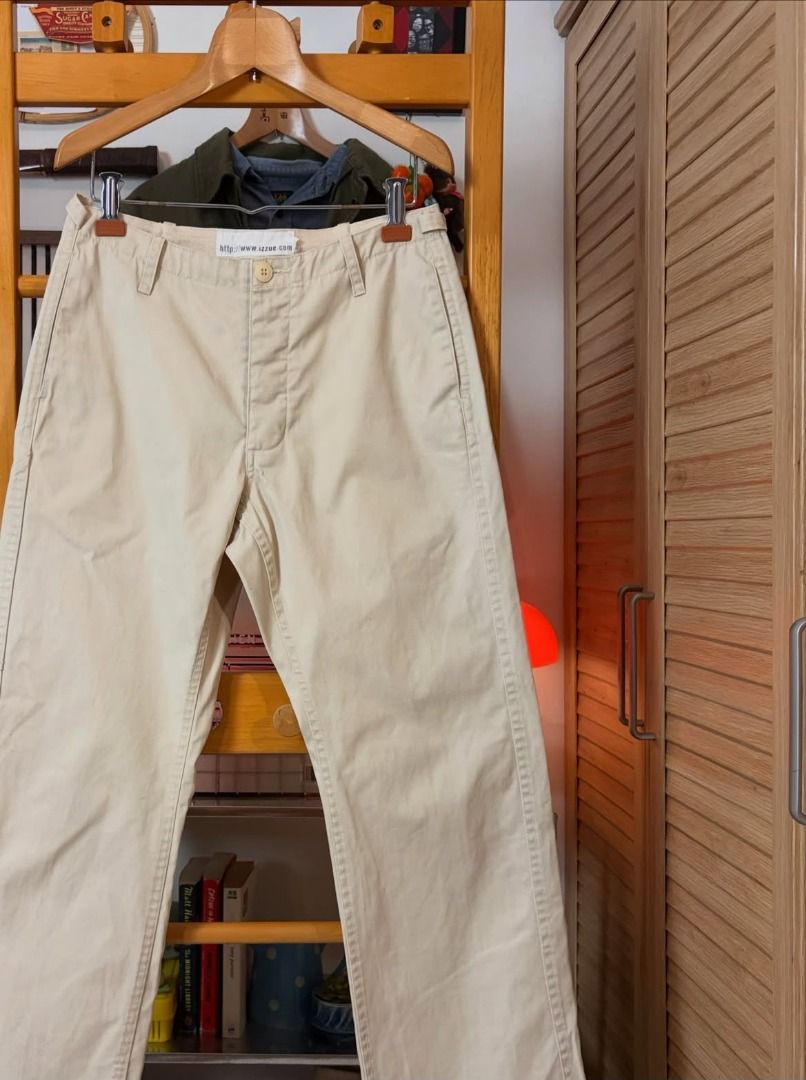 Izzue Cinchback Khaki Workwear Trousers (Category: Trousers) located in Manila. Submitted by recolecta (Listing ID 1463676107, Image 2). Description: 2000s Izzue Cinchback Work Pants ₱900 + sf 2 on tag, fits size 28 waist Length: 39 inches Waist: 14 inches Rise: 9.5 inches Leg Opening: 7 inches Thighs: 10 inches Inseam: 29.5 inches These early Izzue trousers feature a prominent ".com" era woven label and are cut from a comfortable 100% cotton twi