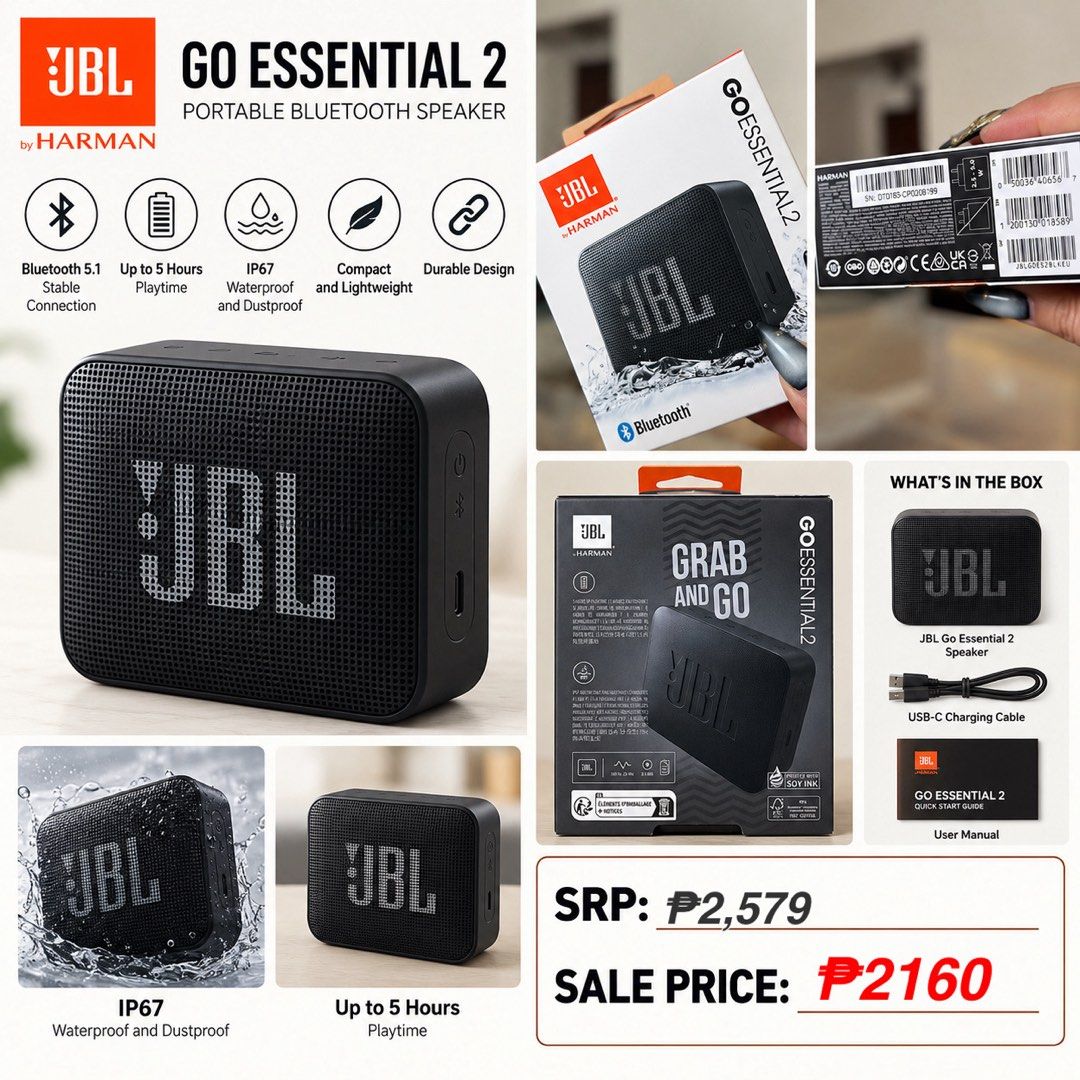 JBL GO ESSENTIAL 2 (Category: Soundbars, Speakers & Amplifiers) located in Makati City. Submitted by TZ.Collections (Listing ID 1463593160, Image 1). Description: -BRAND-NEW -SLIGHTLY NEGOTIABLE -FREE SHIPPING WITHIN MAKATI.
