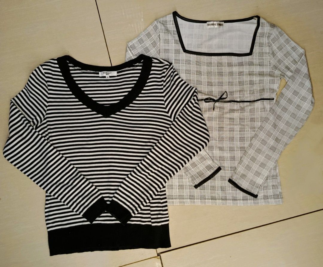 Jp Brand Long Sleeve Bundle (Category: Longsleeves) located in Bambang. Submitted by czar_topaz (Listing ID 1463714642, Image 1). Description: V-neck stripe long sleeve size: m on tag Black and White Plaid Baby Doll Style size: m on tag.