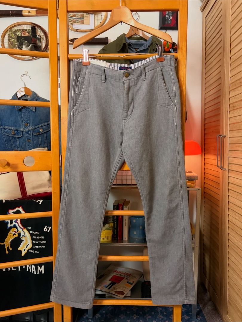 Kafika Okayama Kojima Knit Trousers (Category: Trousers) located in Manila. Submitted by recolecta (Listing ID 1463679207, Image 1). Description: Kafika Okayama Kojima Knit Trousers ₱1300 + sf 02 on tag, fits ~32 waist Length: 37.5 inches Waist: 16 inches Rise: 11 inches Leg Opening: 6.5 inches Thighs: 11 inches Inseam: 27 inches Blending 1940s US Navy deck wear aesthetics with Okayama's modern textile engineering. Produced in Kojima, Japan, thes