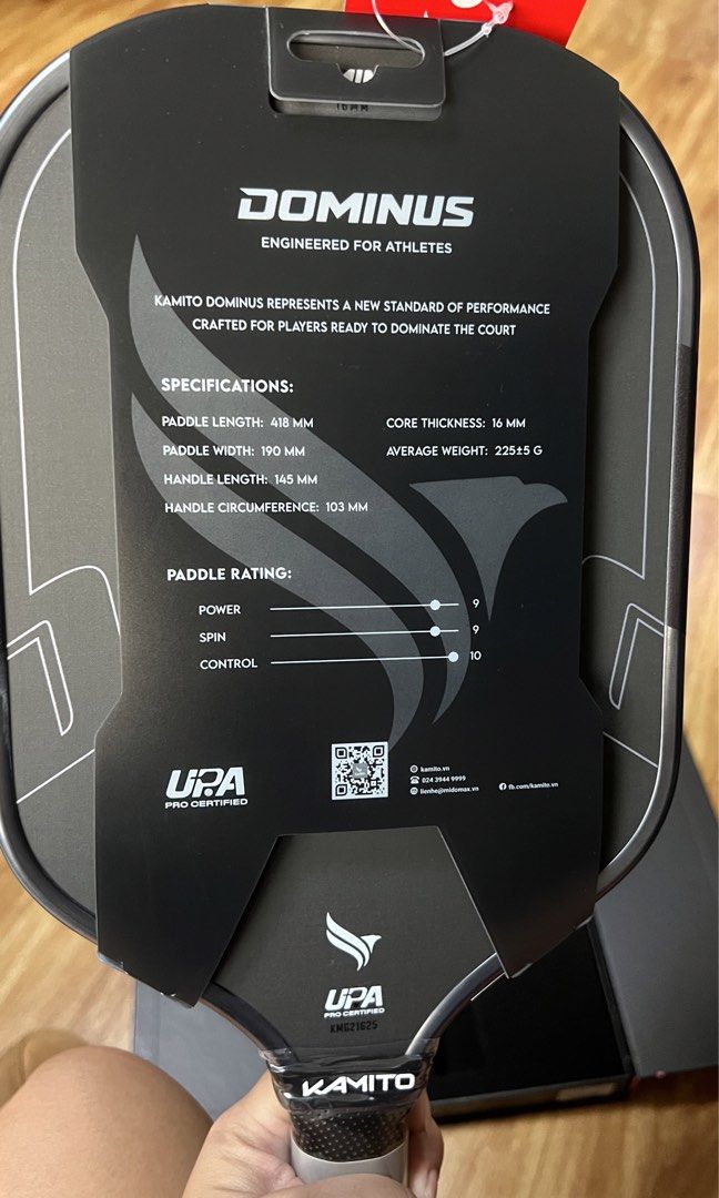 KAMITO Dominus Pickleball Paddle (Category: Racket and Ball Sports) located in Rizal. Submitted by ichaaay21 (Listing ID 1463650114, Image 3). Description: 💯 GUARANTEED AUTHENTIC - KAMITO Dominus pickleball paddle: Engineered for dominance. - UPA Pro Certified. - Dimensions: 418mm length, 190mm width. - Core thickness: 16mm. - Weight: 225±5g. - Comes in original box..