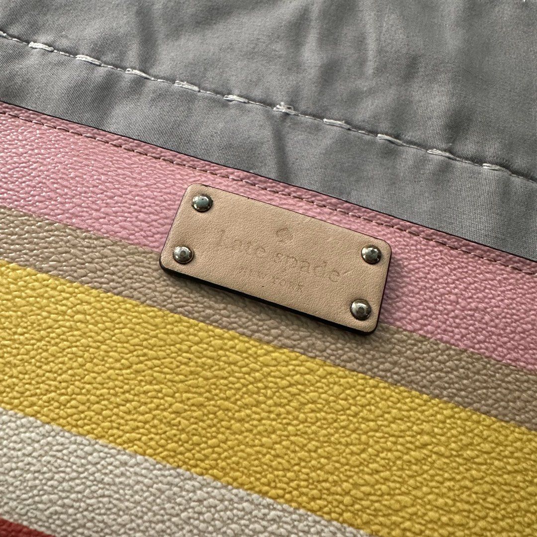 Kate Spade Multicolor Striped Medium Bifold Snap Wallet (Category: Wallets & Card holders) located in Paranaque City. Submitted by ndeclutters (Listing ID 1463640424, Image 2). Description: • Used several times but still functional. • Manage your expectations as it has obvious signs of usage. • You may opt to bring the wallet to a leather or bag repair shop to have it restored. • Issue/s: Has a few stains and some peeling or chipped leather. RFS: