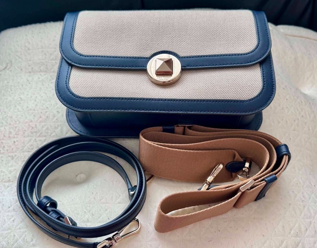 Kate Spade New York Canvas & Leather Shoulder Bag (Category: Luxury Bags & Wallets) located in Labrador. Submitted by bagwalletaccessoriesfromjapan (Listing ID 1463633071, Image 3). Description: FOR SALE: Kate Spade Audrey Canvas Top Handle Flap Crossbody — Blazer will be available this December - ✅ Authentic Kate Spade — Audrey Flap Crossbody (Blazer Colorway) - 🤎 Natural canvas body with rich navy leather trim — classic & sophisticated - 🎒 IN