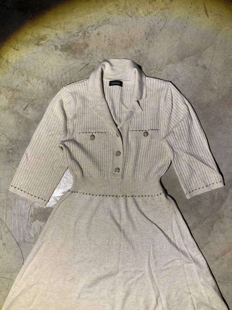 Knit Collared Button-Up Midi Dress (Category: Dresses) located in Rizal. Submitted by pcesspscl145 (Listing ID 1463657796, Image 3). Description: - FORMEL knit dress in light beige/cream - Collared neckline with button-up front - Gold-tone button details on pockets - Fitted waist with a flared midi skirt - Three-quarter sleeves - Versatile for casual or semi-formal occasions.
