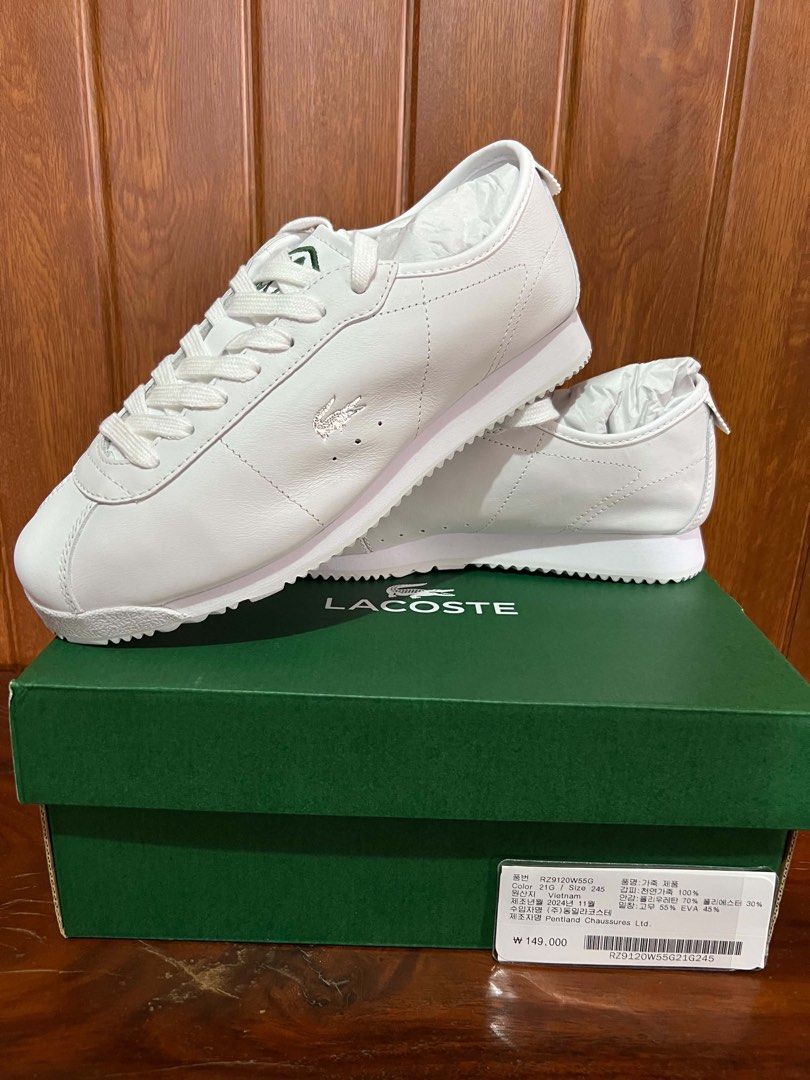 Lacoste White Leather Sneakers - Size 39 (Category: Sneakers) located in Manila. Submitted by teypi (Listing ID 1463645760, Image 2). Description: - White leather Lacoste sneakers - Classic low-top design - Lace-up closure - Durable sole with good grip - Includes original box and tissue paper - Ideal for everyday casual wear.