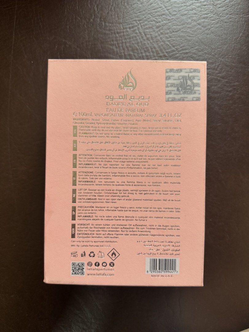 Lattafa Bade'e Al Oud Noble Blush Eau de Parfum 100ml (Category: Fragrance & Deodorants) located in Cavite. Submitted by __goodbyestuff (Listing ID 1463605560, Image 3). Description: - just opened, never been used - Size: 100ml Spray - Scent Profile: Great for oud enthusiasts - Packaging: Original box and bottle (both pink) - Expiry Date: December 2029 - Top notes are Pink Pepper and Bergamot; middle notes are Turkish Rose, Bulgarian Rose and Jas