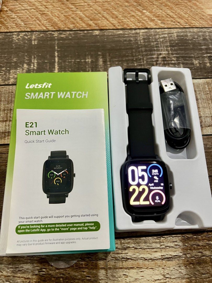 Letsfit Smart Watch (Category: Wearables & Smart Watches) located in Dagupan City. Submitted by casadebayongph (Listing ID 1463696758, Image 2). Description: - Brand: Letsfit - Model: E21 Smart Watch - Features: Step tracking, heart rate monitoring, blood oxygen measurement, sleep analysis, stress tracking, music control, notifications - Design: Sleek black - Package includes: Smart watch with bands, charging cable, quick start guide - Condition: