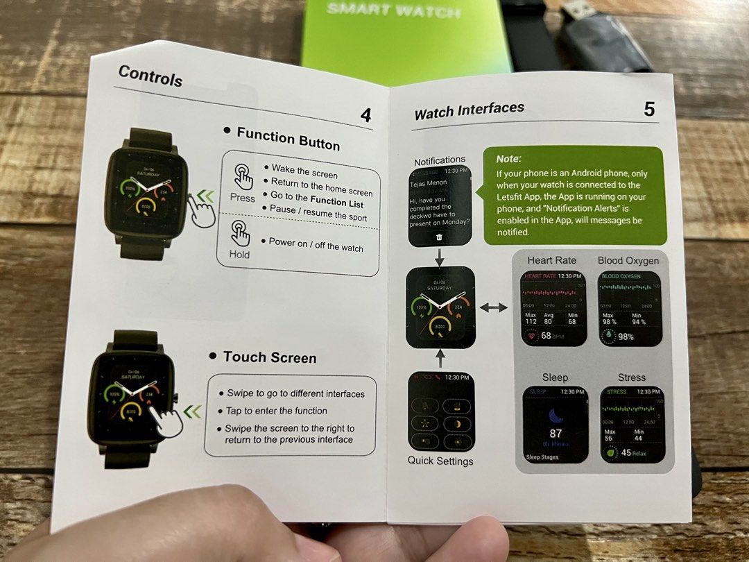 Letsfit Smart Watch (Category: Wearables & Smart Watches) located in Dagupan City. Submitted by casadebayongph (Listing ID 1463696758, Image 3). Description: - Brand: Letsfit - Model: E21 Smart Watch - Features: Step tracking, heart rate monitoring, blood oxygen measurement, sleep analysis, stress tracking, music control, notifications - Design: Sleek black - Package includes: Smart watch with bands, charging cable, quick start guide - Condition: