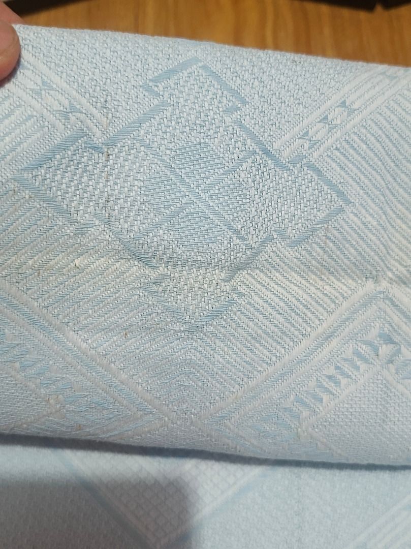 Light Blue Textured Table Cloth with Geometric Pattern (Category: Table Linen & Textiles) located in Makati City. Submitted by nyxhemera26 (Listing ID 1463677643, Image 2). Description: Light Blue Textured Table Cloth with Geometric Pattern - Textured geometric pattern (diamonds & floral motifs) - Subtle and nice design - 63 x 215 inches (perfect for 6 seater table) - There is slight fading/yellowing on the folds due to prolonged storage.