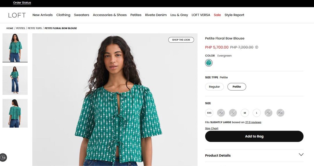 LOFT Petite Floral Bow Blouse - Evergreen (Category: Blouses) located in Taguig. Submitted by floweringggg (Listing ID 1463626272, Image 2). Description: - Green petite blouse - White floral pattern - Tie-front closure - Short puff sleeves - Versatile: can be tied or worn open - Dress up or down - Brand: LOFT RFS: to big for me. could fit medium to large.